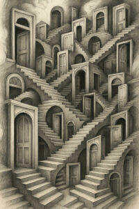 Door, staircase, arch, and wall motifs in black and grey pencil shading; a surreal tattoo project, ideal for a cover-up.