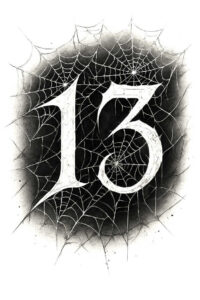 Thirteen numeral and spider web in black and grey; tattoo design idea; cover-up suitable.