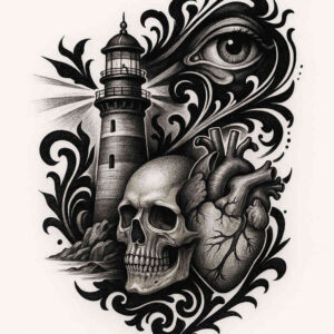 Intricate black and grey lighthouse, skull, and heart tattoo design