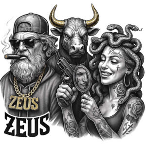 Black and grey tattoo design concept featuring man, bull, woman, snake, mirror, gun, cigar, and necklace; a cover-up-ready idea.