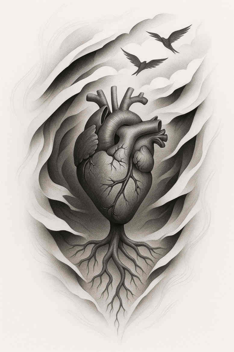 Anatomical heart with flames rising around it in grayscale, a black and grey tattoo design, shown as an idea, with strong cover-up potential.