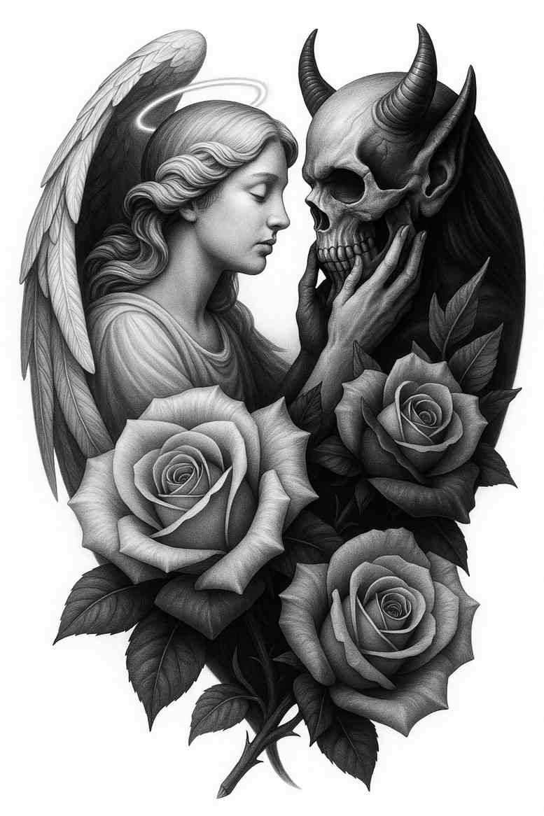 Angel with wings, a skull, and blooming roses in black and grey; project/idea tattoo with cover-up potential.