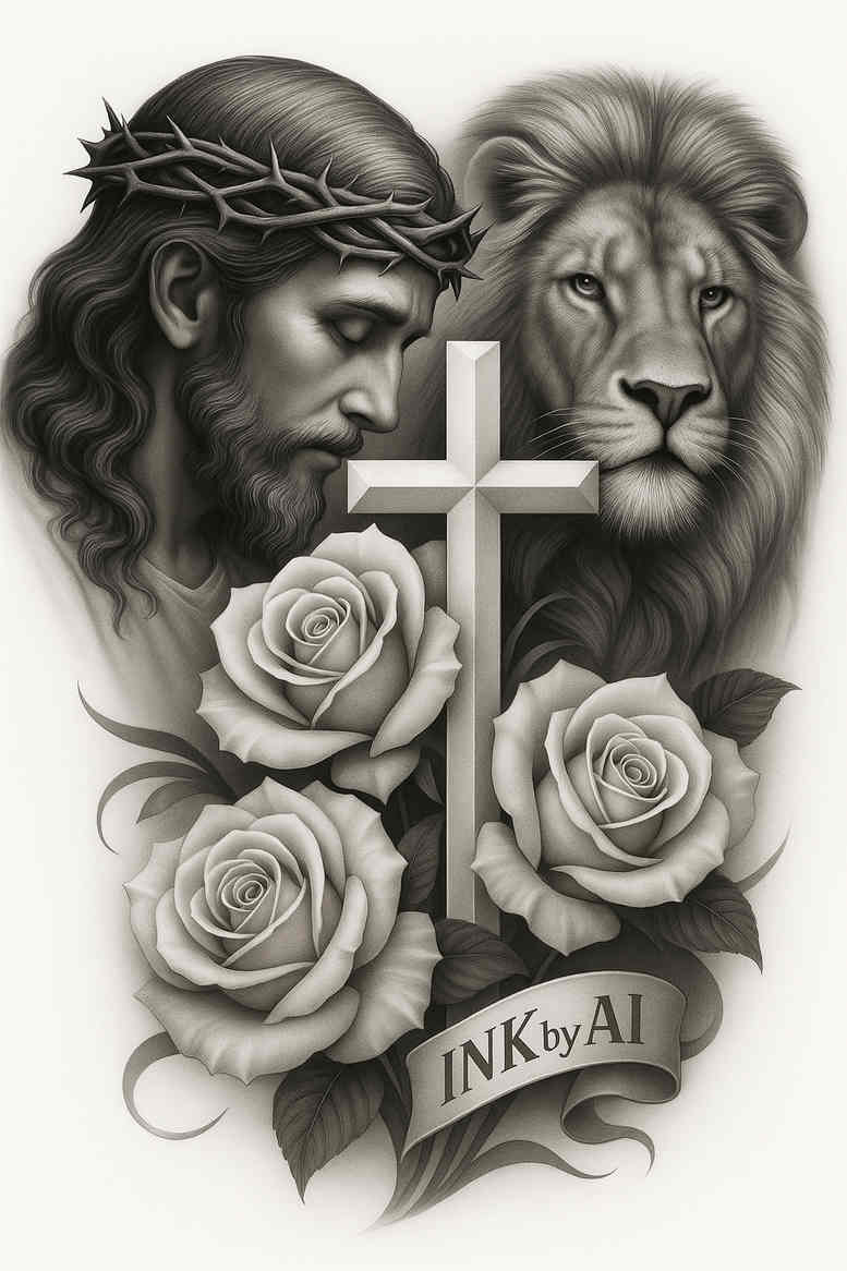 Cross with a lion and roses in black and grey realism, concept tattoo idea; cover-up suitable.