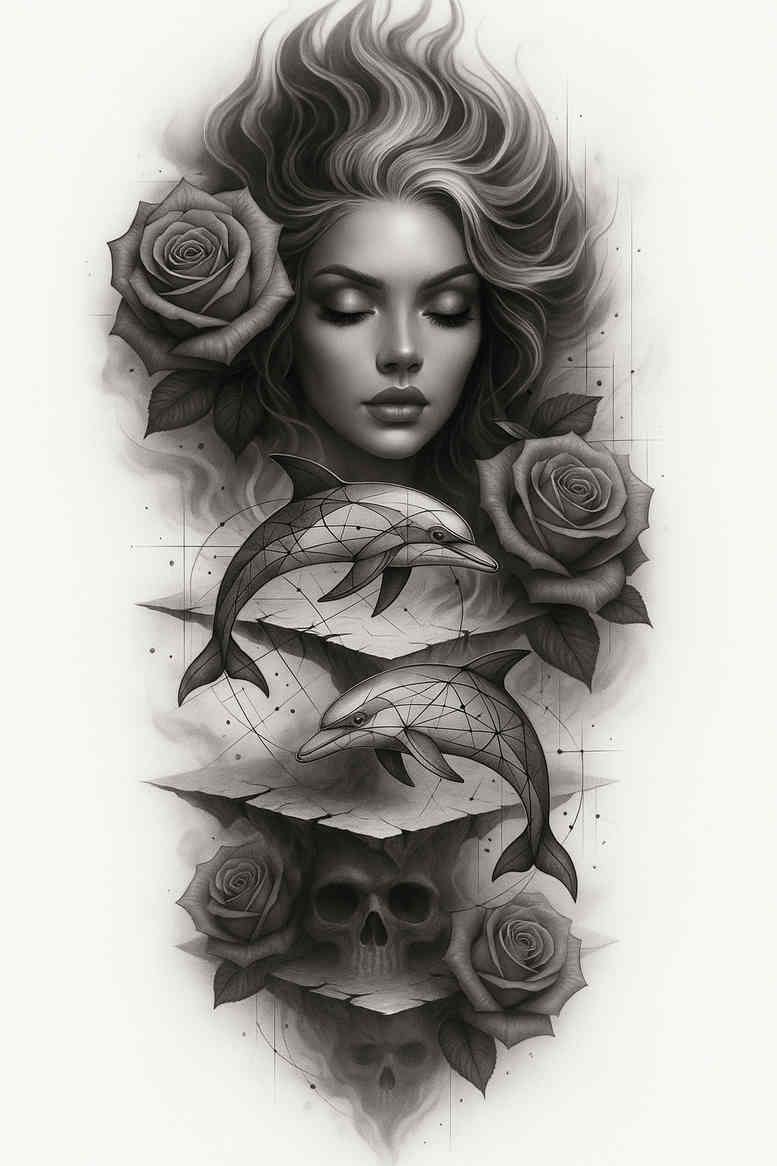 Portrait of a woman with koi fish in black and grey, a tattoo project idea, not ideal for cover-up.