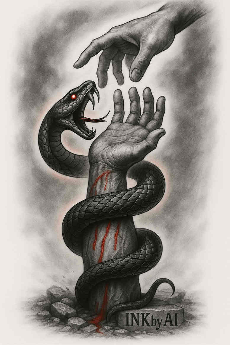A black and grey realism tattoo concept showing a snake coiled around a forearm with an open hand above; AI-generated idea, suitable for cover-up depending on placement.