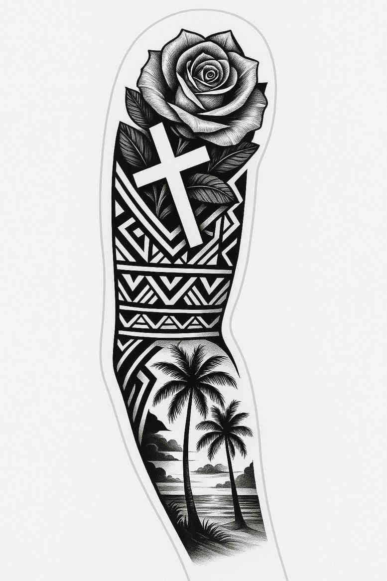 Black and grey tattoo design on the leg: grayscale rose with a cross over a geometric band, plus a palm tree beach scene; AI-generated concept, project idea.