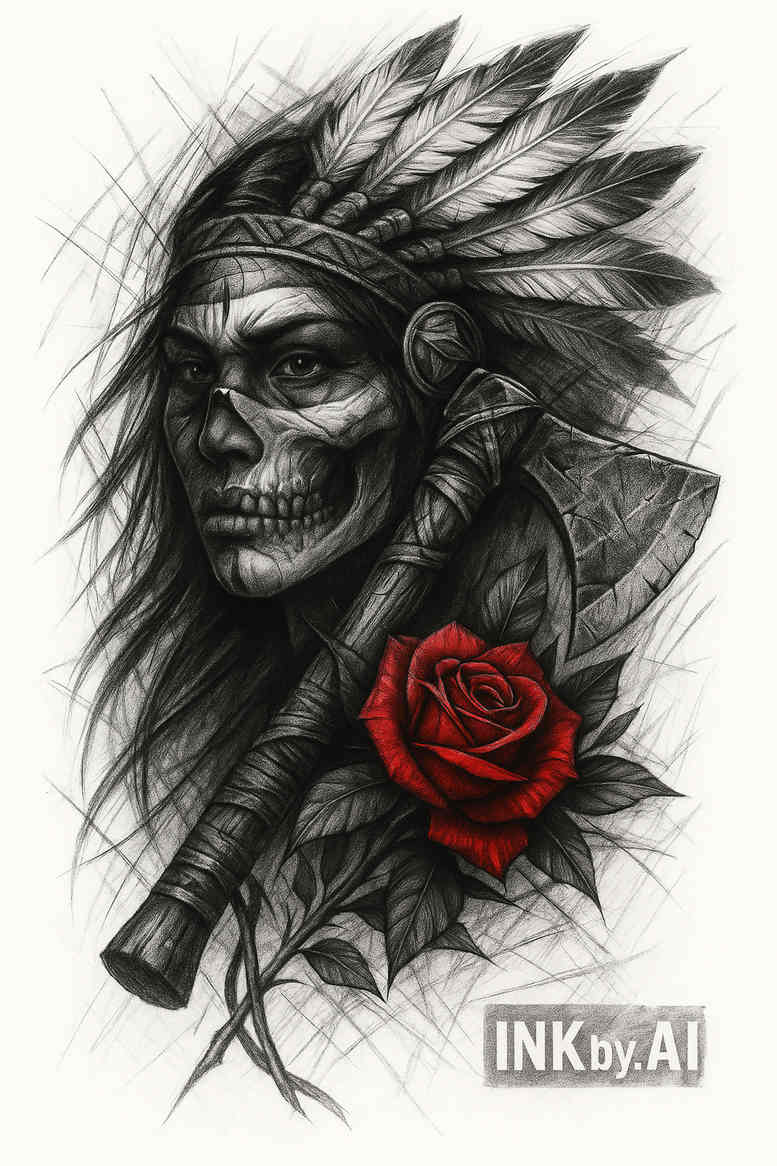 Black and grey tattoo design featuring a skull wearing a feathered headdress with a red rose; a project/idea image, cover-up suitable.