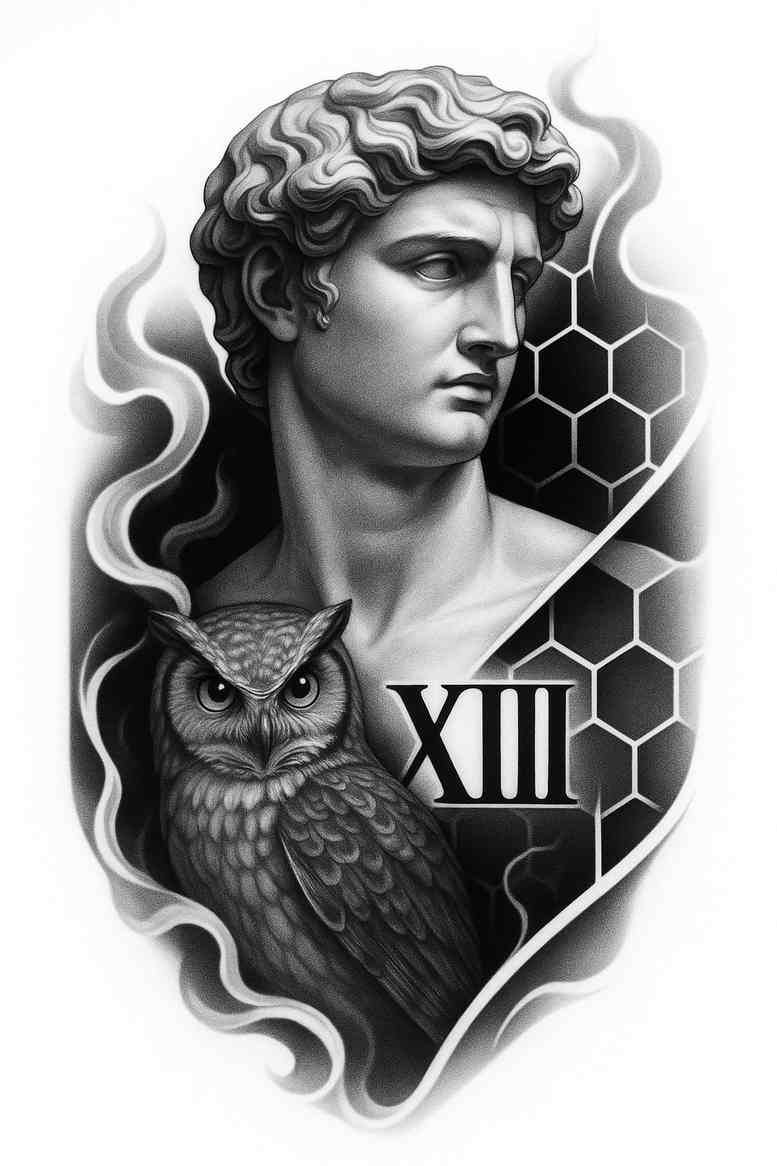 Bust of a classical statue with an owl perched on the shoulder and a geometric honeycomb backdrop in black and grey; AI-generated project concept for a cover-up.