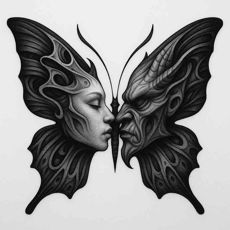 Two human faces form a butterfly motif in black and grey; a concept tattoo design, presented as a project/idea.