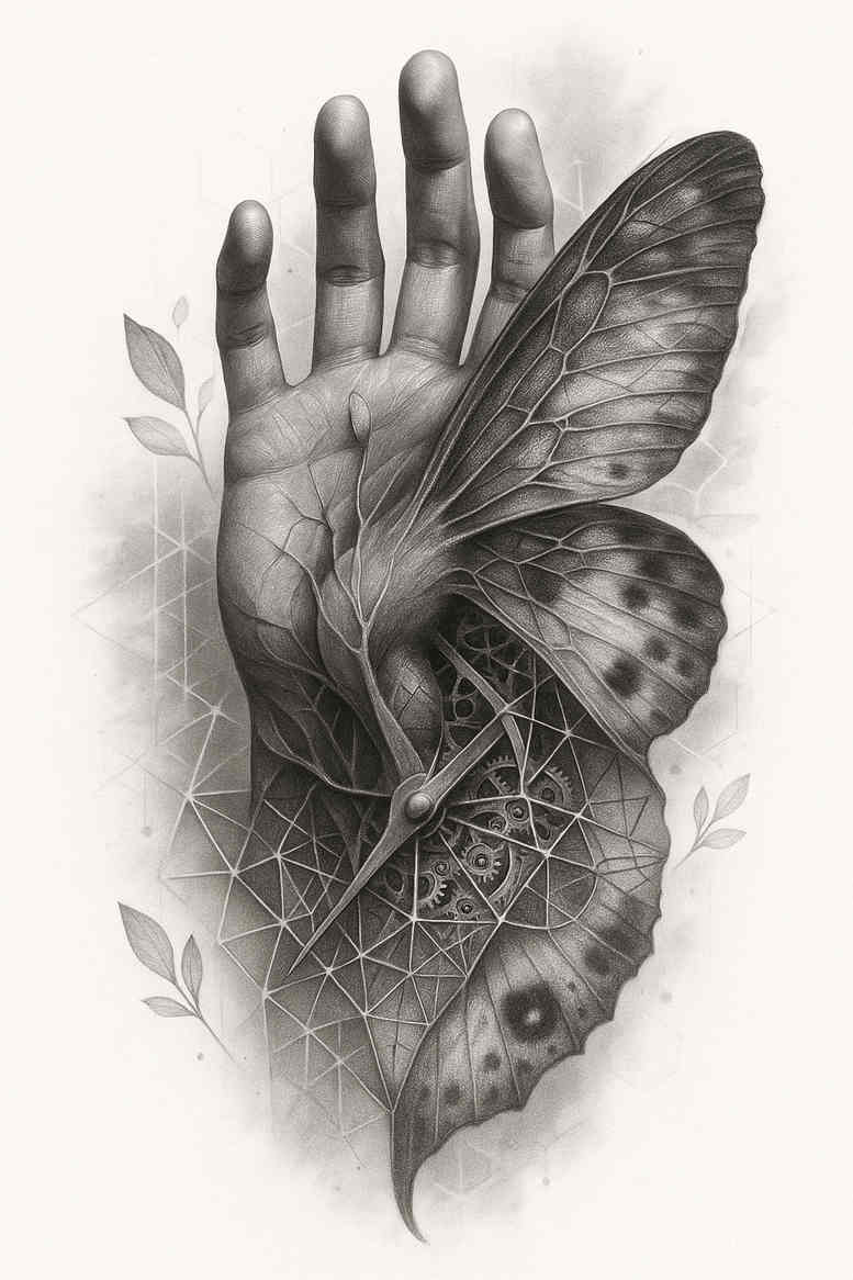 Black and grey tattoo concept featuring a hand morphing into a butterfly with leaves; project idea, suitable for cover-up.