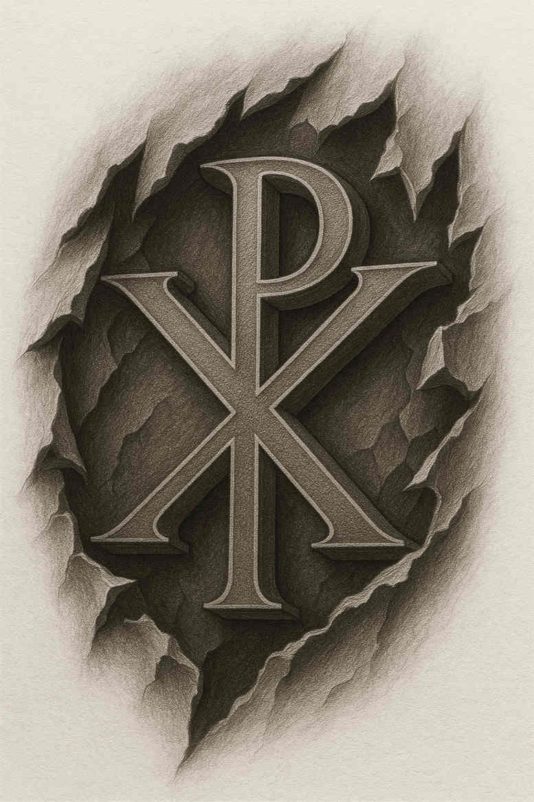 Black and grey Chi-Rho monogram tattoo on torn paper background; project idea; cover-up suitable.