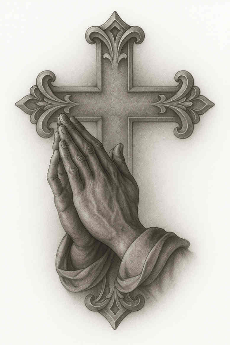 Cross with praying hands tattoo in black and grey realism; concept idea, not specifically suitable for cover-up.