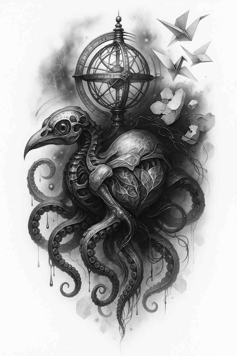 Black and grey project concept featuring a detailed octopus wrapped around a globe-like orb with orbital rings, curling tentacles, and dramatic shading; ideal for cover-up.