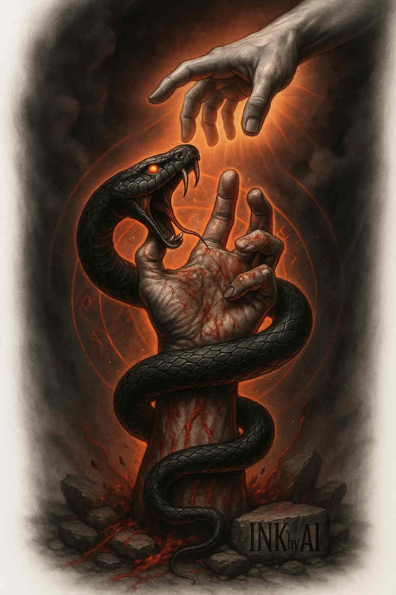 Black and grey tattoo idea of a snake wrapped around a hand with a fiery glow; AI-generated concept, perfect for cover-up.