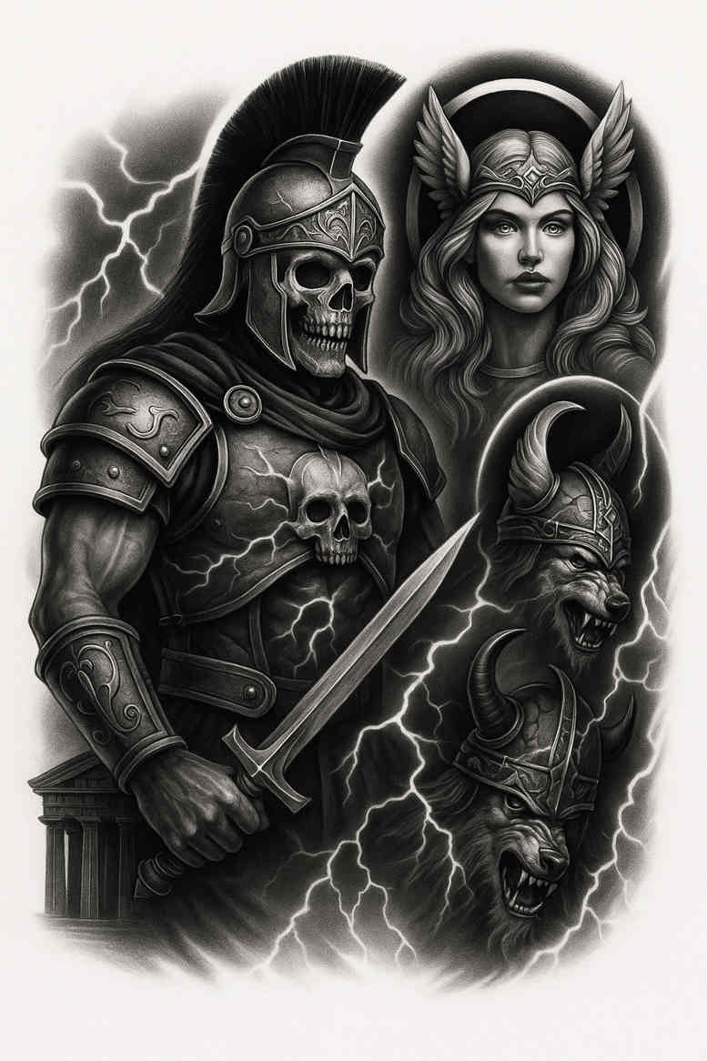 Dark two-figure armored warriors charging through lightning in black and grey; project concept for cover-up suitability.