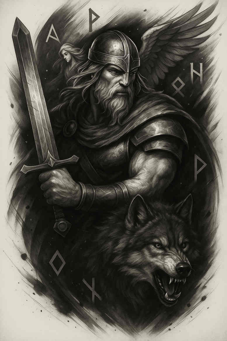 Dark armored warrior with sword and wings in black and grey; project idea; cover-up ready.