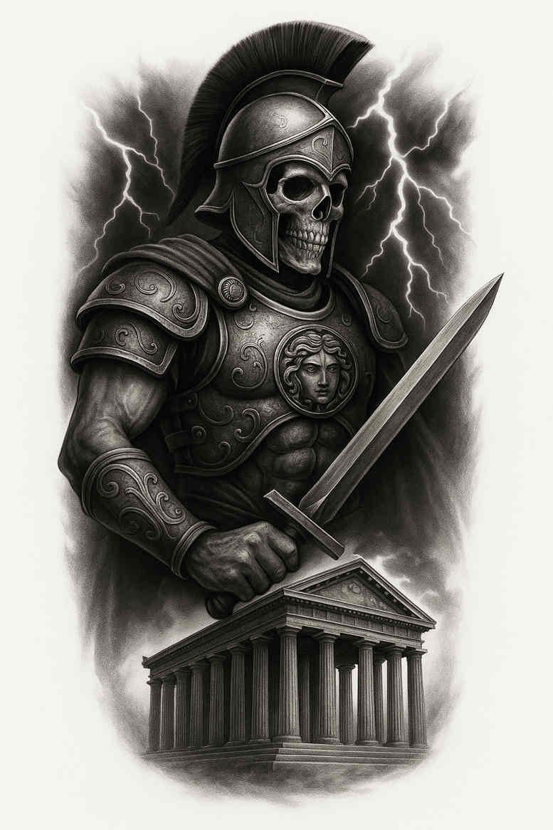 Capstone grayscale tattoo design of a skeletal armored knight with a sword before a ruined temple; black and grey; project concept; cover-up suitable.