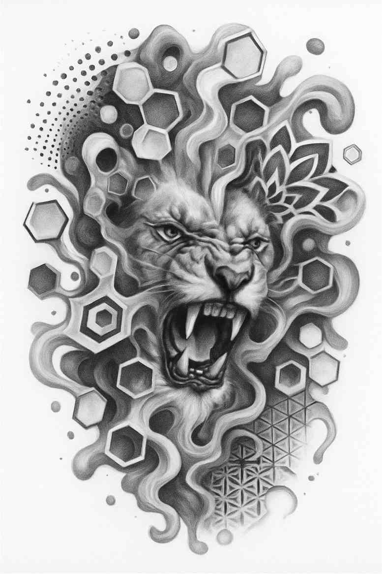 Demon face tattoo design in black and grey, surrounded by a geometric hexagon pattern with dot shading; grayscale concept sketch, AI-generated, suitable for cover-up.