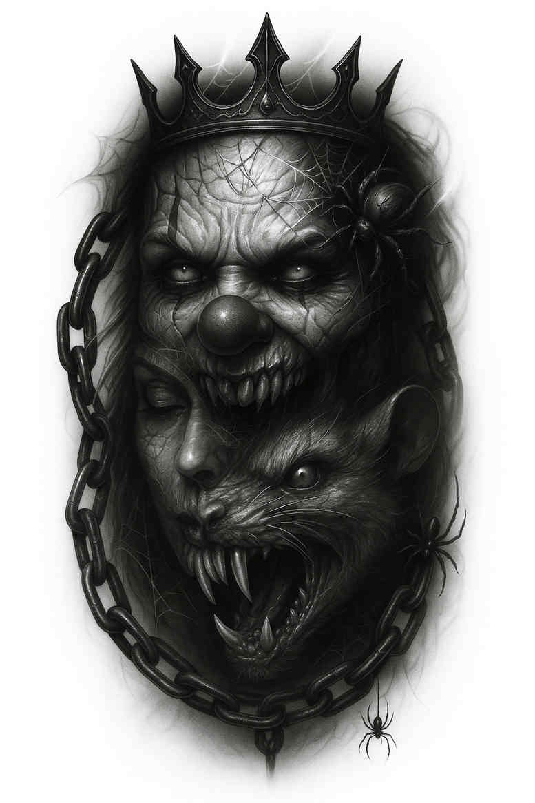 Demon head tattoo in black and grey with a chained mask and sharp fangs in deep shadows; a project/idea and perfect for cover-up.