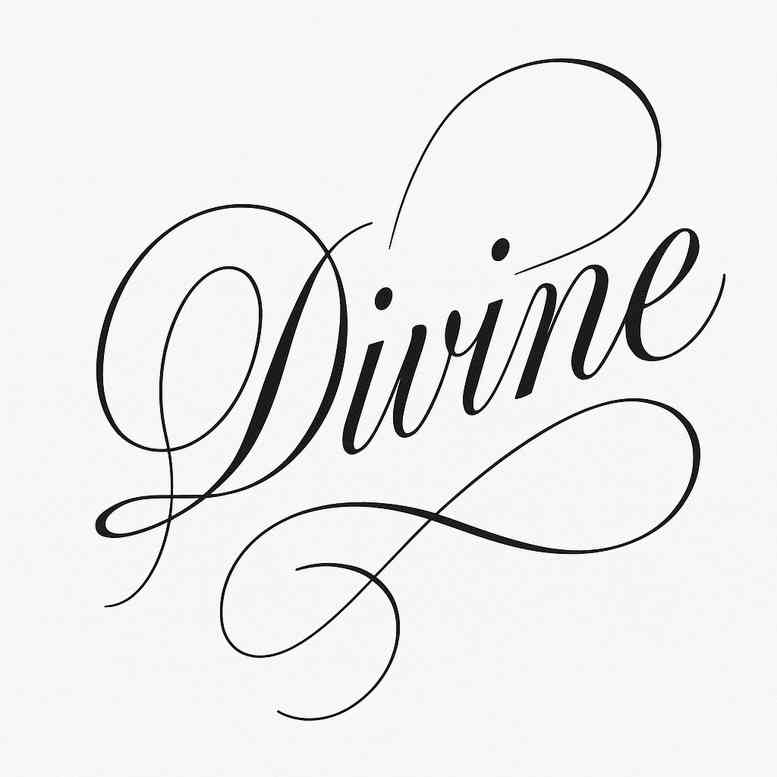 Divine script tattoo in black and grey, ornate word with flourishes; project idea for a lettering tattoo, showing elegant loops; cover-up suitability depends on shading.