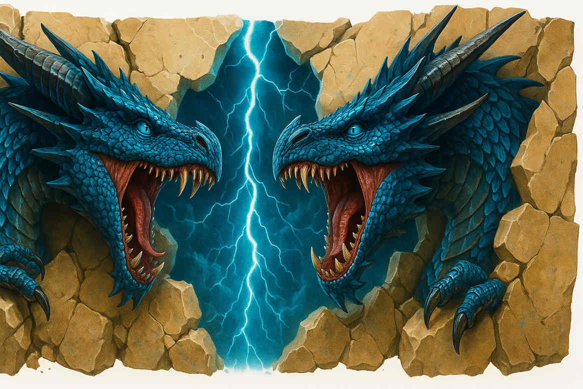 Color tattoo design of two blue dragons facing off with a lightning bolt between a rocky wall; concept artwork for a potential project; not for cover-up.