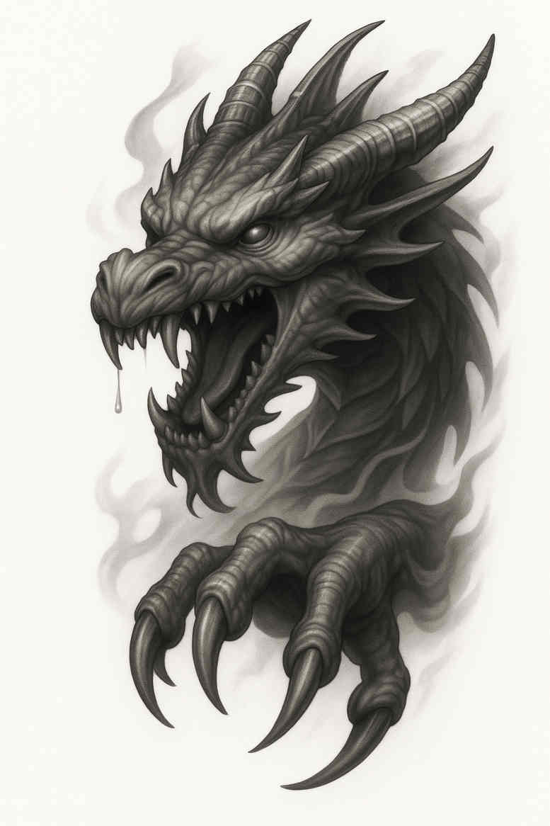 Dragon head tattoo in black and grey, monochrome; project/idea image, suitable for cover-up.