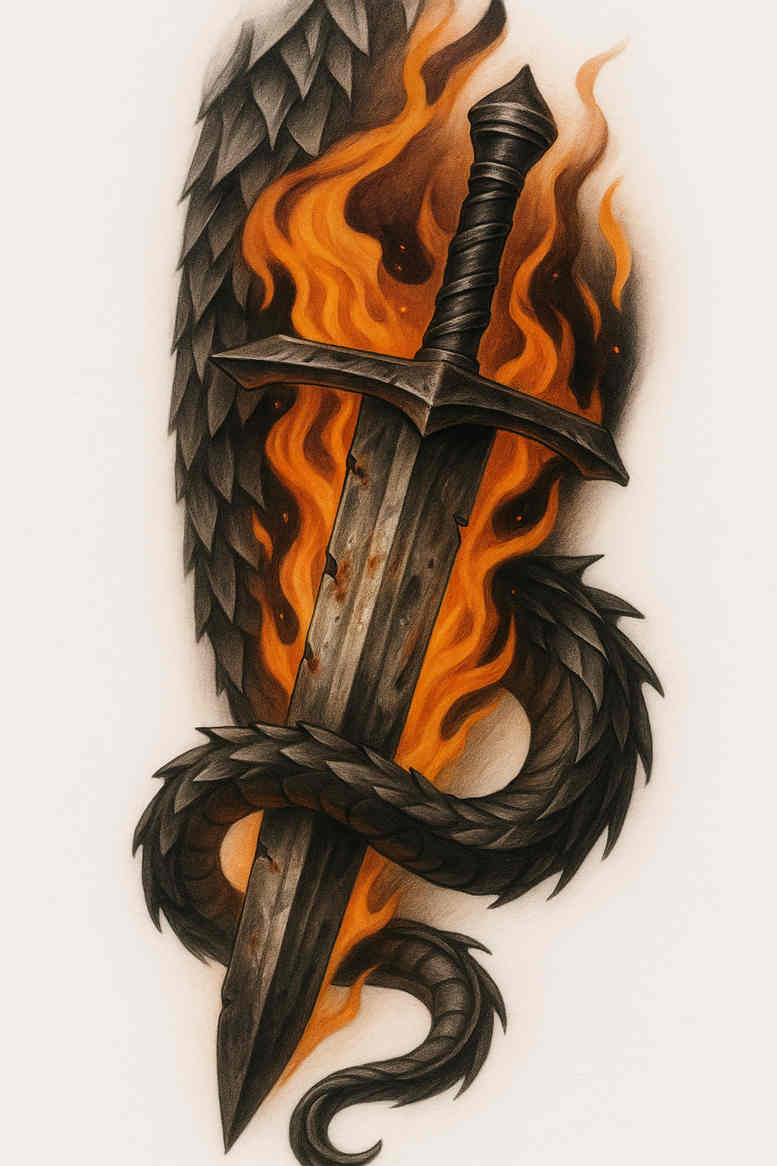 Color tattoo design showing a sword entwined by a dragon with fiery flames, AI-generated concept, suitable for cover-up potential.