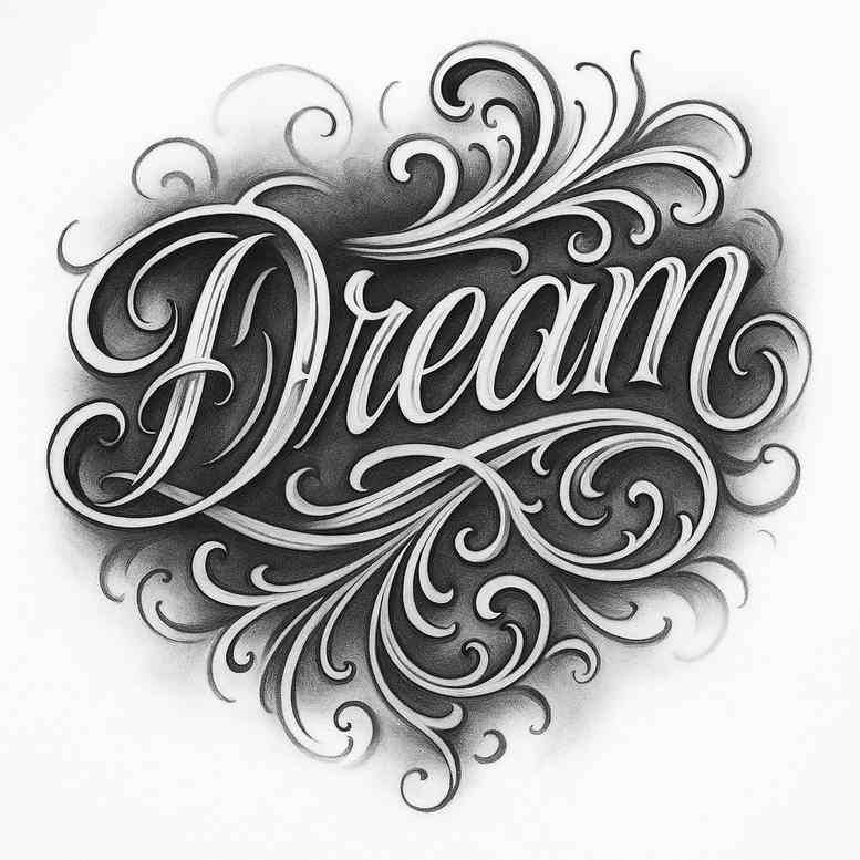 Dream script tattoo design in black and grey with ornamental flourishes surrounding the word Dream; project idea, suitable for ink.