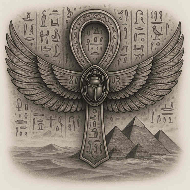 Black and grey tattoo design of a winged Egyptian ankh with pyramids in the background; concept artwork for an upcoming project; ideal for cover-up.