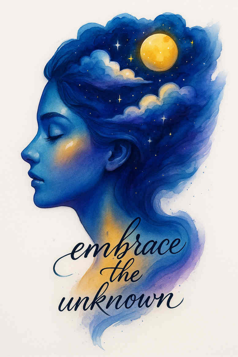 Blue-haired profile of a woman with a night-sky motif in the hair, color watercolor tattoo concept, project idea.