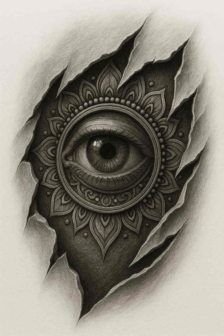 Eye-centered black and grey tattoo design featuring a realistic eye encircled by a detailed mandala; concept/idea for ink.