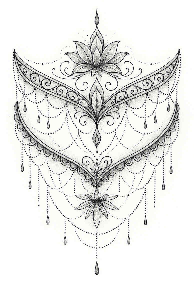 Black and grey fine line ornamental tattoo design, project idea with a symmetrical crown, central flower, and hanging chains and beads; not a cover-up.