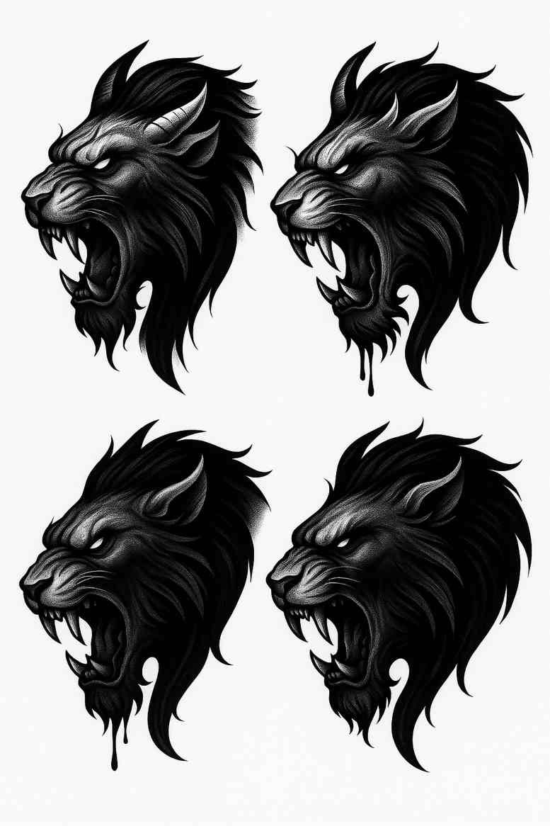 Four black and grey lion head tattoos arranged in a grid, blackwork project idea, cover-up suitable.