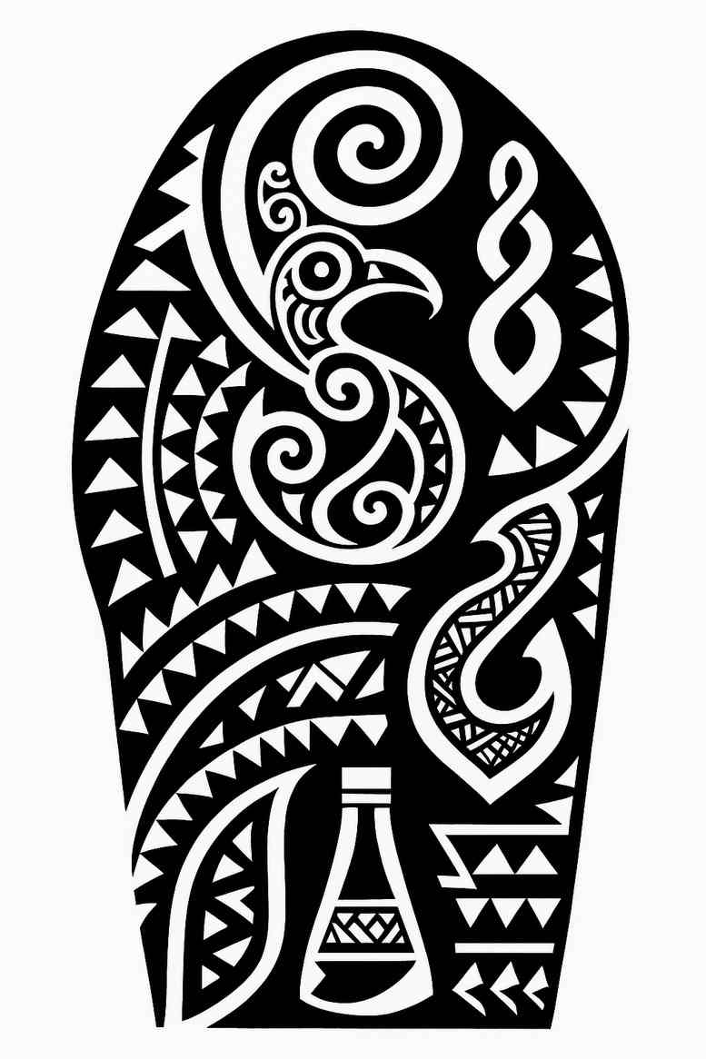 Bold black and grey teardrop tattoo in geometric tribal patterns, shown as a project idea; suitable for cover-up.