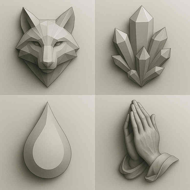 Geometric minimalist 3D wolf head, leaf, teardrop, and praying hands in grayscale; black and grey tattoo concept for a cover-up project.