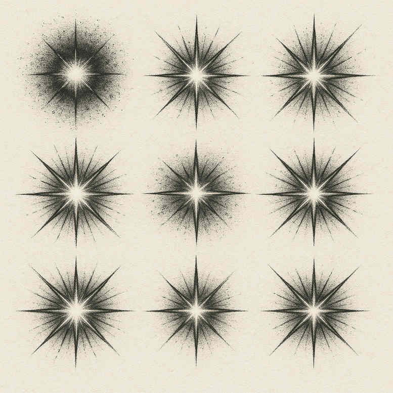 Nine black geometric starburst motifs arranged in a 3x3 grid on a light parchment background; black and grey tattoo concept, AI-generated project idea.