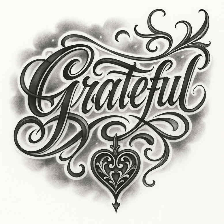 Grateful script tattoo in black and grey featuring an ornate heart pendant and decorative flourishes; concept idea, suitable for cover-up.