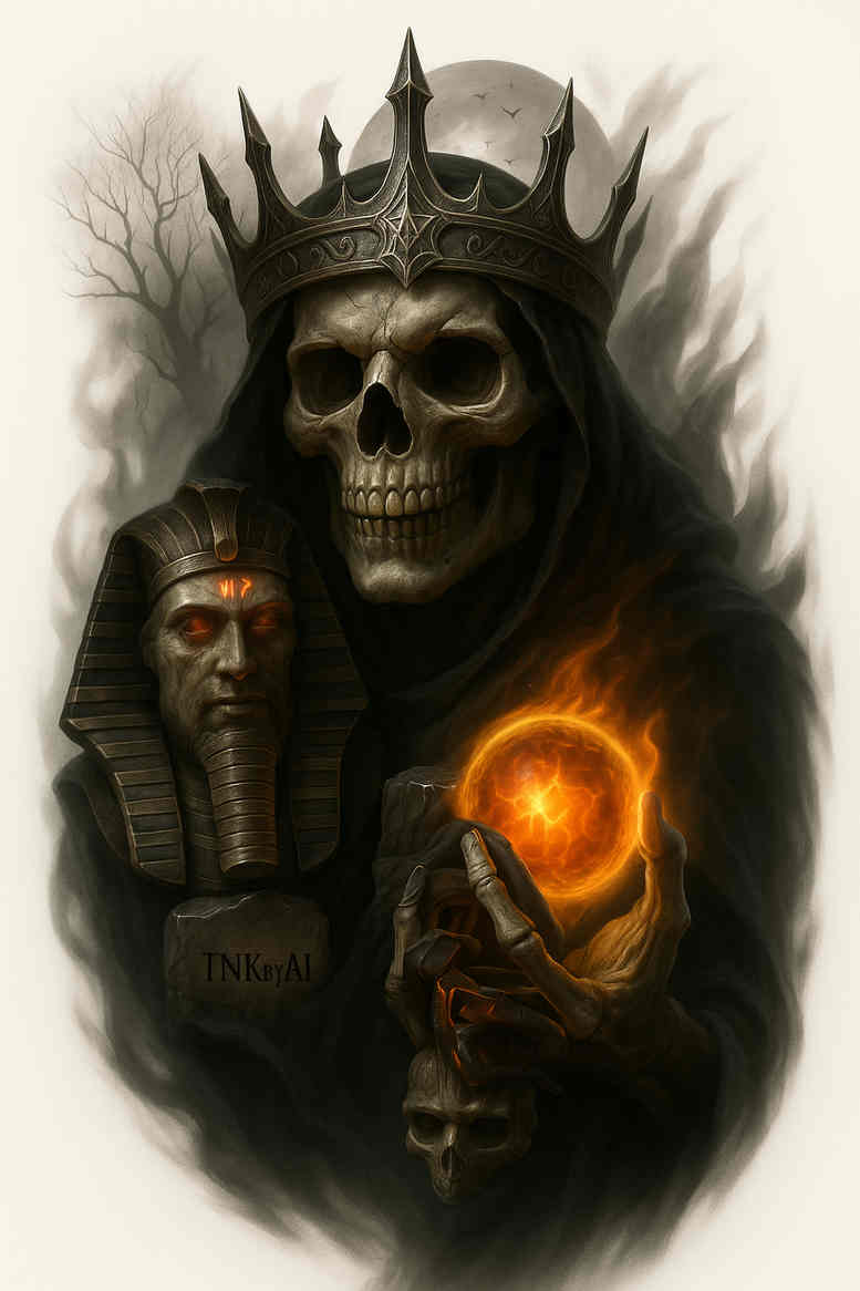 Dark black and grey tattoo design of a skull wearing a crown, cloaked in shadow, with an orange-glow orb; concept idea, suitable for cover-up.