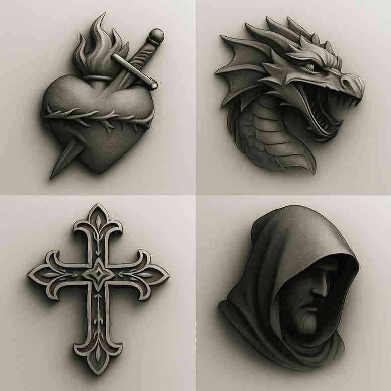Heart and dagger, dragon head, cross, and hooded figure in black and grey; project idea for a four-panel tattoo, suitable for cover-up considerations.
