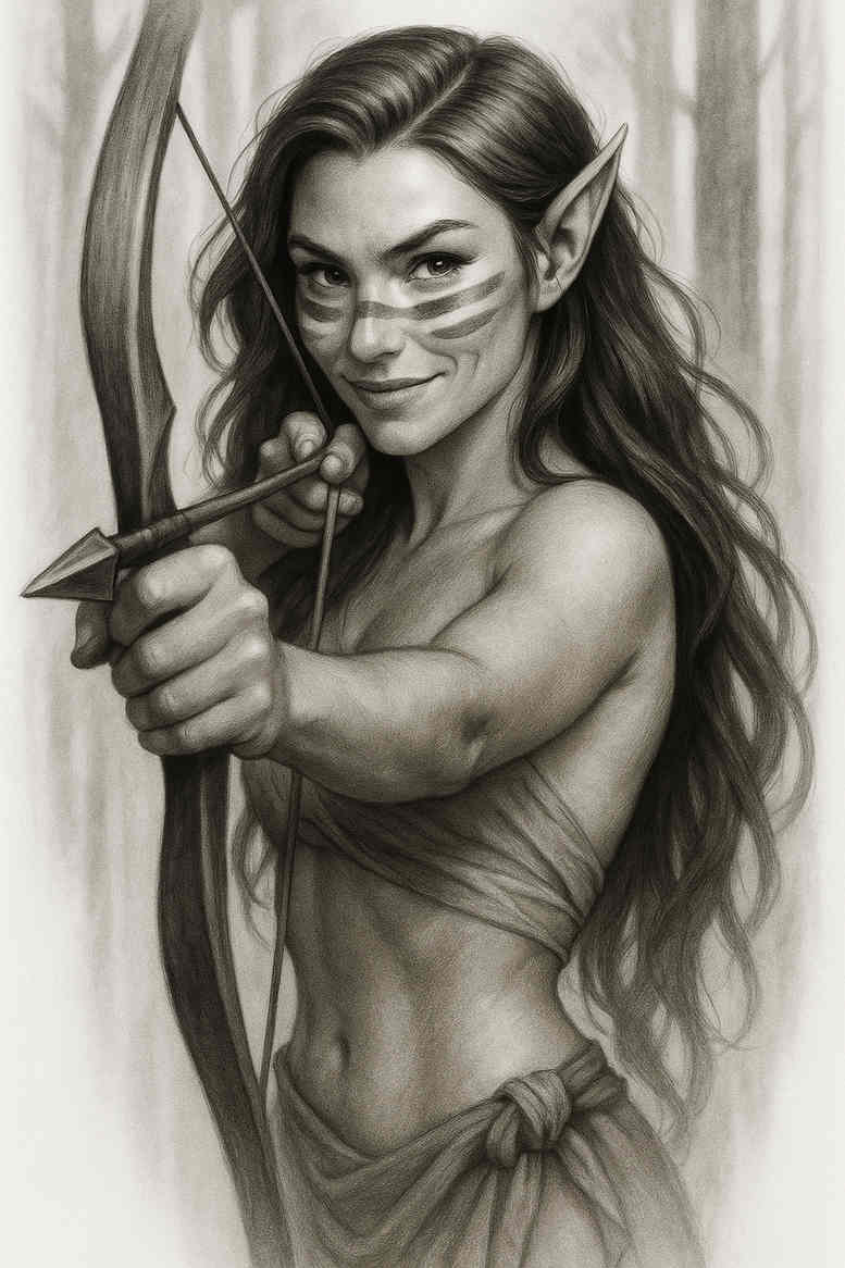 This black and grey illustrative tattoo idea shows a female archer with bow and arrow, elf-like ears in grayscale; a concept art project, cover-up suitability not specified.