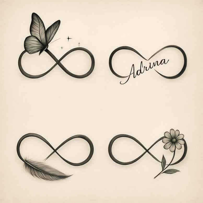Infinity symbol with a butterfly and a flower, plus the script Adriana, in black and grey line work; a project idea, not specifically suited for cover-up.