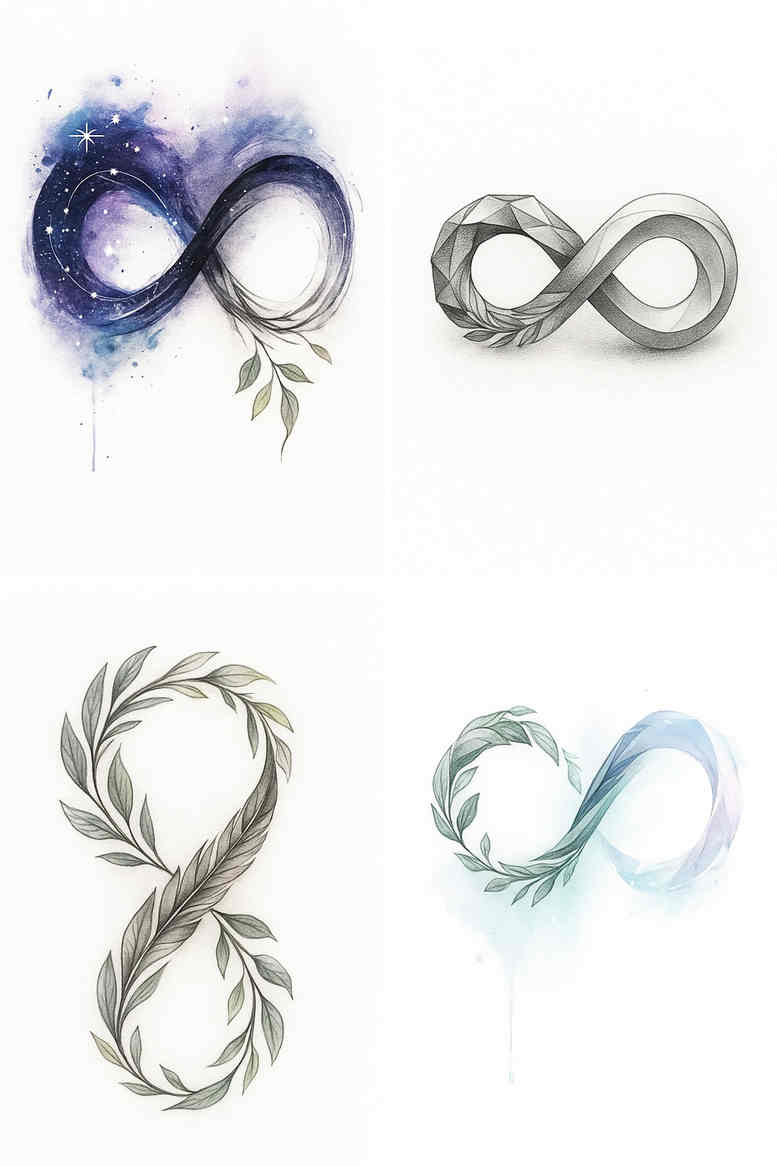 Colorful watercolor tattoo idea showing infinity symbol entwined with laurel leaves in four variations; color, project concept; not suited for cover-up.