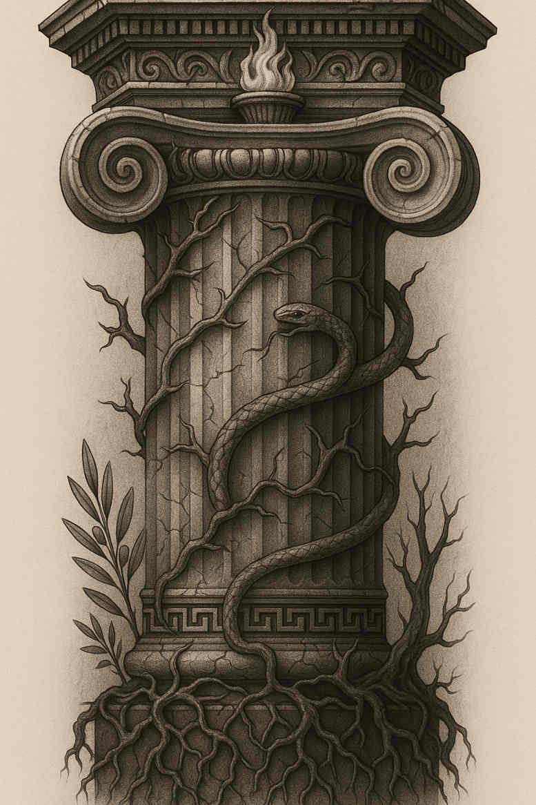 Ivy-wrapped column with twisting vines in black and grey, a tattoo design idea suitable for cover-up; concept study.