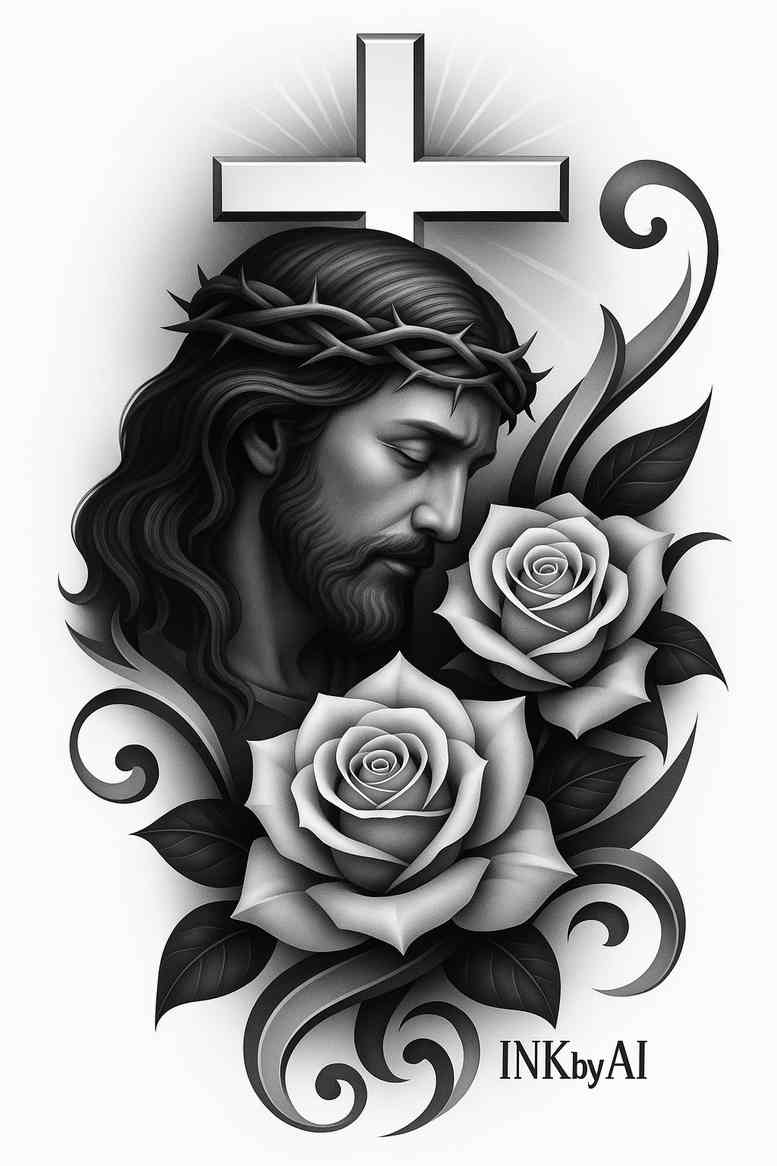Jesus portrait with two roses in black and grey, a tattoo design concept for cover-up.