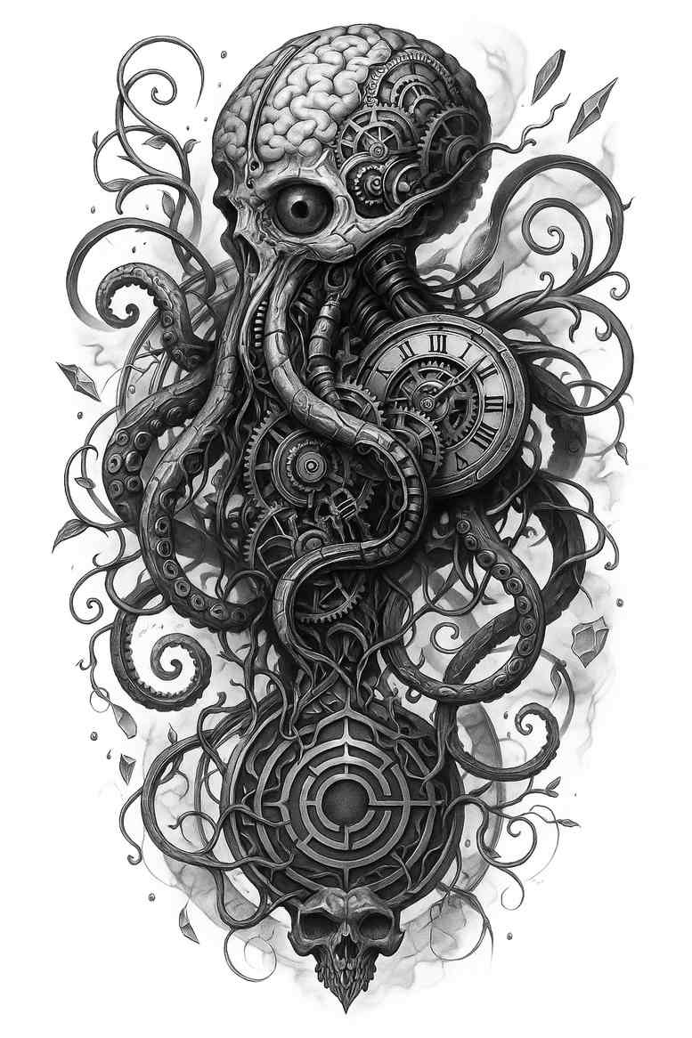 Octopus with tentacles and mandala core in black and grey; concept project; cover-up suitable.