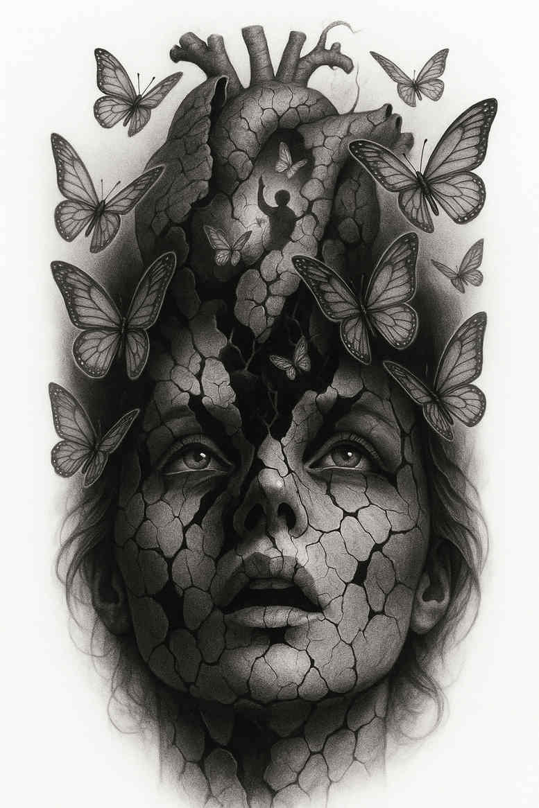 Black and grey tattoo design of a woman's face with lace overlay; concept idea for cover-up in monochrome.