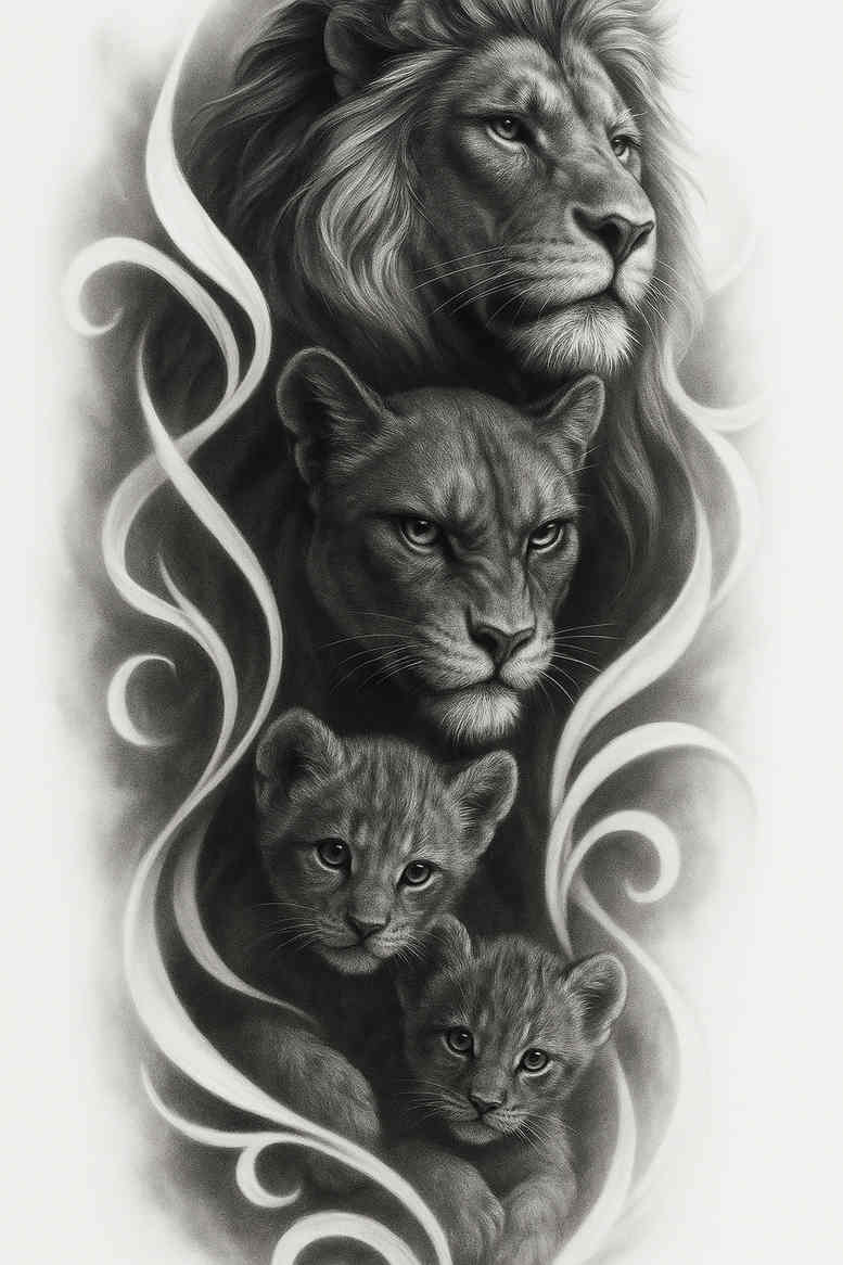 Lions trio tattoo in black and grey realism; three lion heads stacked with flowing ribbon-like shading, a project/idea, cover-up potential.