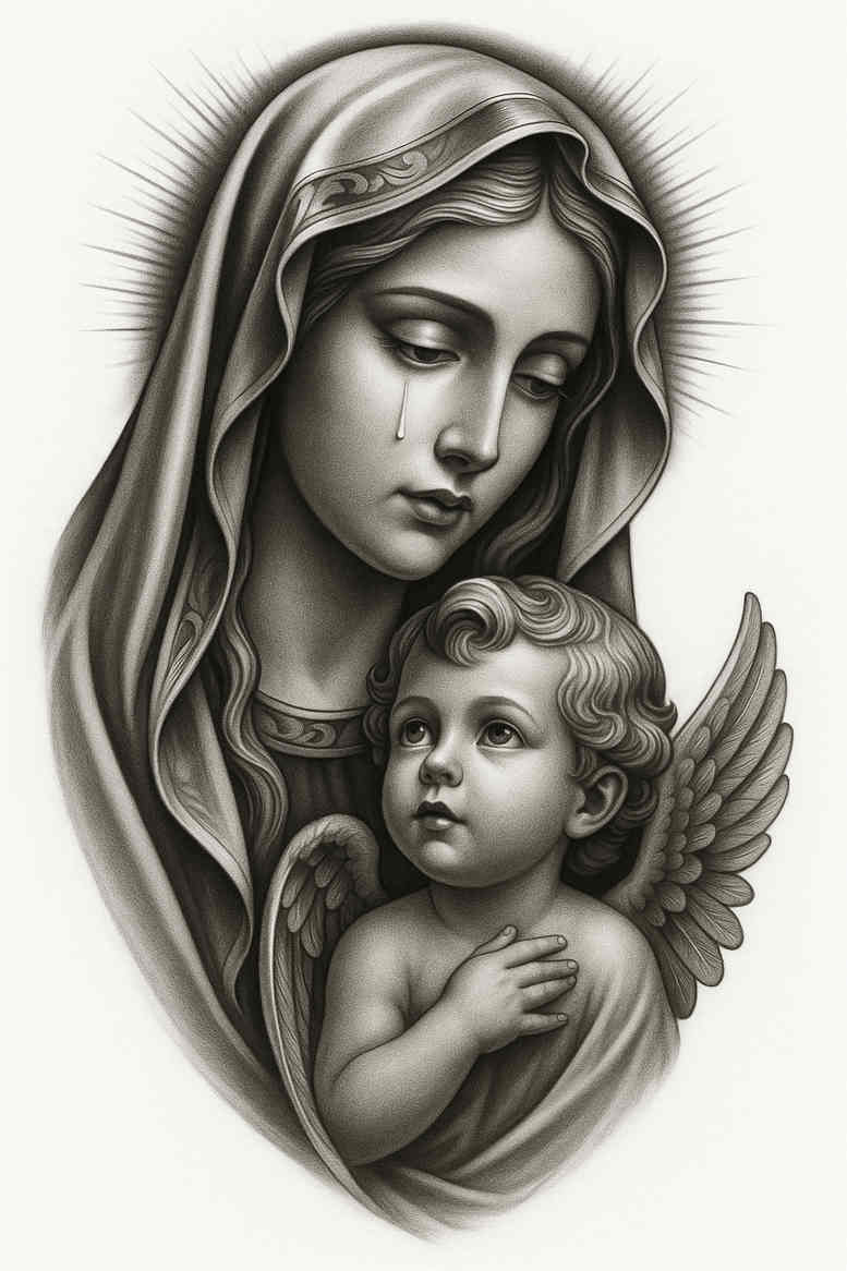 Mary with baby Jesus in a black and grey realism tattoo, a project/idea for a religious portrait featuring halo.