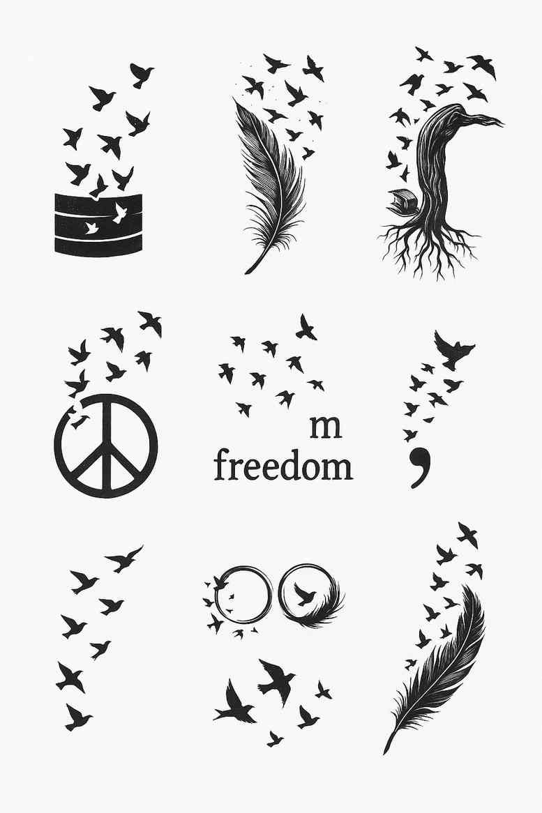 Black and grey tattoo concept showing birds in flight, circular patterns, and a feather; a project idea for minimalist style.