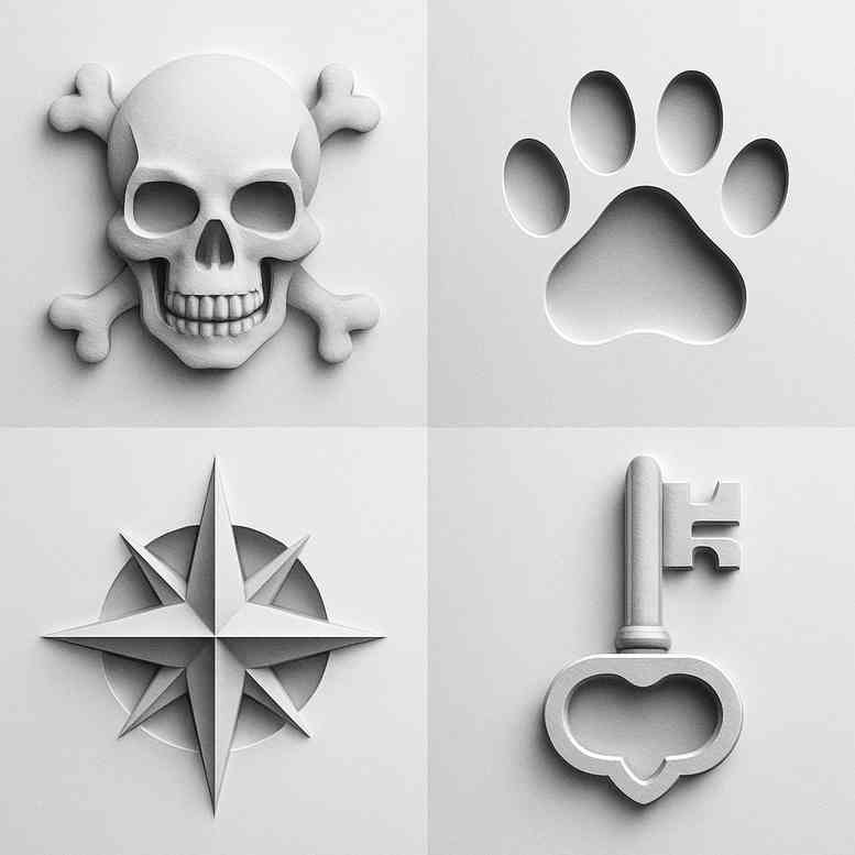 Skull, paw print, compass rose, and key in black and grey linework; project/idea tattoo, suitable as a minimalist cover-up option.